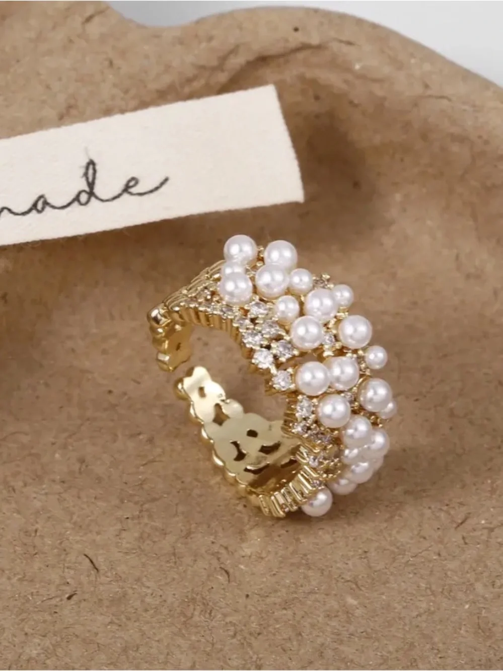 Gold Pearl Cluster Adjustable Ring
